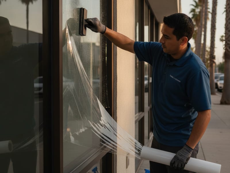 Safety and security window film holding shattered glass in place on a ground-floor San Diego business window