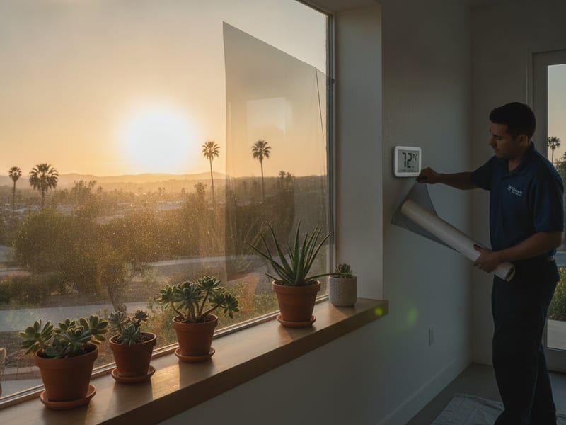 Heat rejection window film applied to west-facing windows of a San Diego County home in direct afternoon sun, showing significant solar exposure